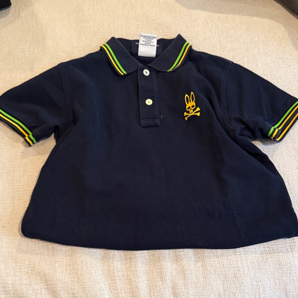 Psycho Bunny Kids Navy Polo with Yellow Logo and Green-Trim Collar